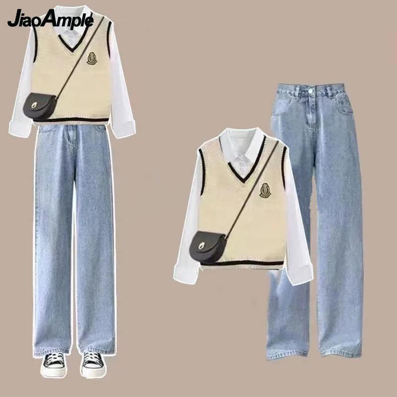 

2023 Autumn/Winter New Pants Matching Set Women Tracksuit Suit Korean Loose Long Sleeve Shirt+Knitted Vest+Jeans Three Piece
