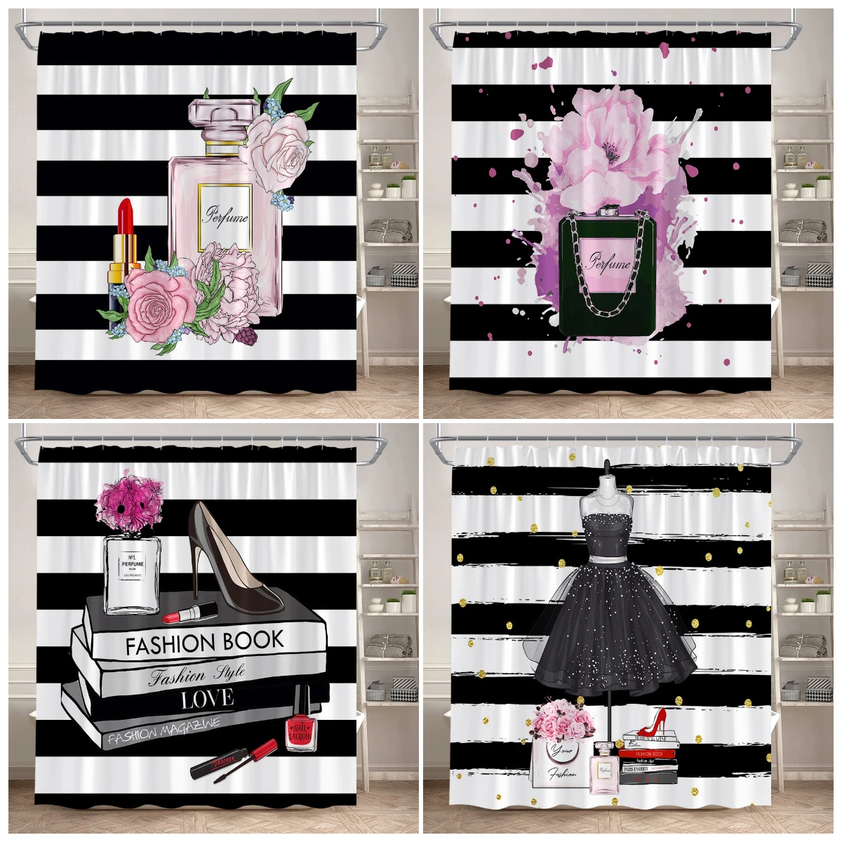 Занавеска для душа в черно-белую полоску на высоком каблуке