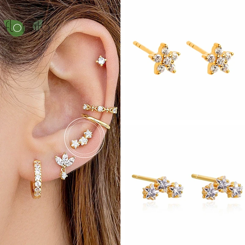 

925 Sterling Silver Needle Colorful Star Gold Earrings for Women Fashion Exquisite Zircon Stud Earrings Pie Women Jewelry Gifts