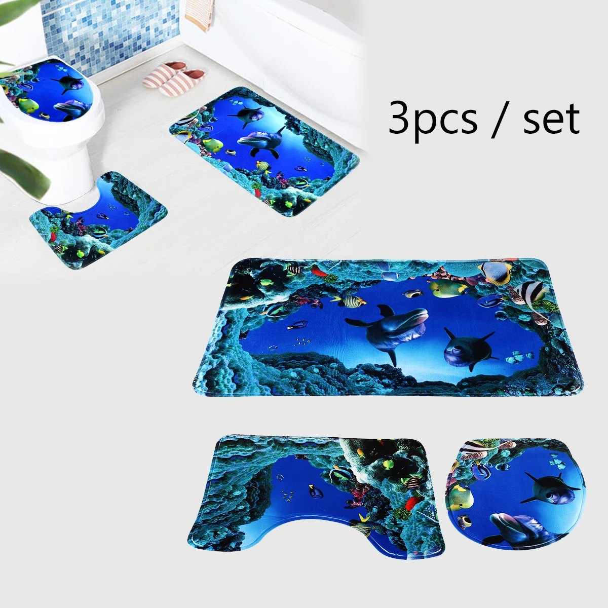 

Mat Toilet Dolphin Set Carpe 3Piece Style Ocean Underwater World 3Set Cover Bath Mats Blue Bathroom