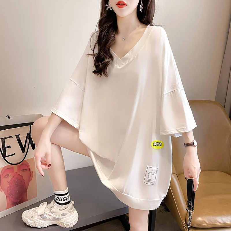 

4095【Real Shot Nett】Short-SleeveTT-shirt Women's Summer2021New-VCollar Leak Air Long Upper Outer Garment plus Size Women's Cloth