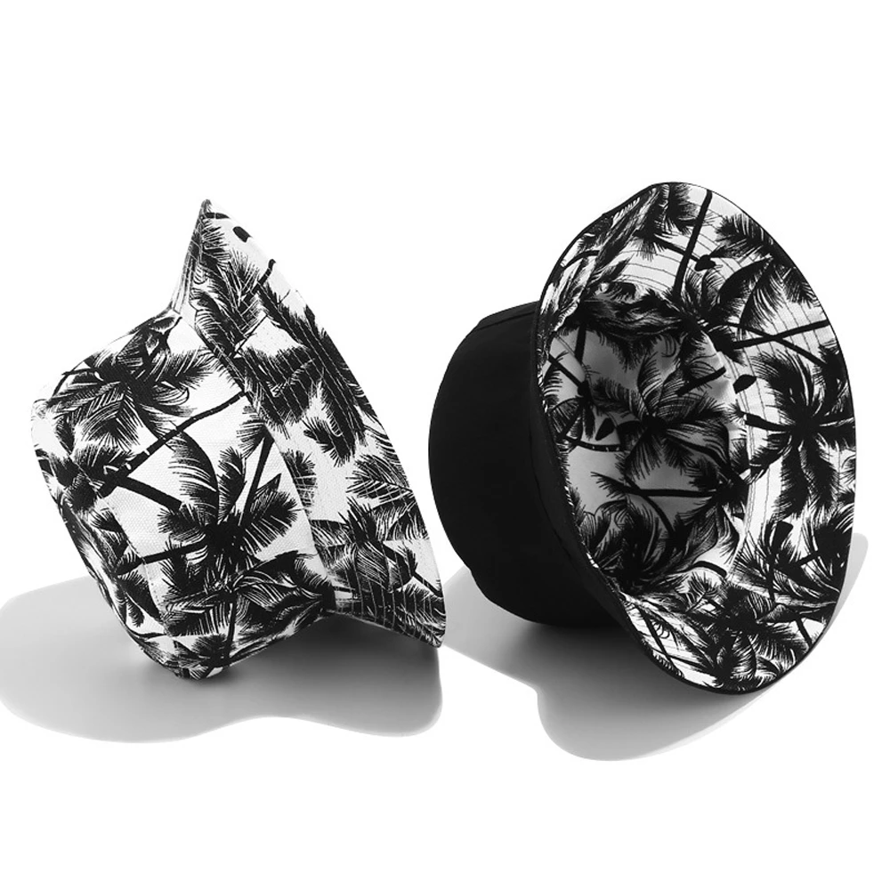 

2022 New Unisex Fashion Summer Reversible Black White Coconut Tree Printed Fisherman Caps Bucket Hats Gorro Pescador Men Women