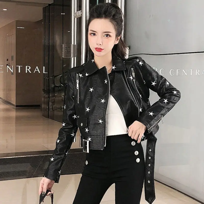 2022 New Self-cultivation Heavy Industry Embroidered Leather Jacket Women's Belt PU Leather Motorcycle Leather Jacket Coat