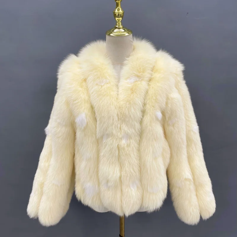 Fox Fur Coat with Cute Spots Long Hair New Sheepskin Fox Mix Fur Womens Jacket Top