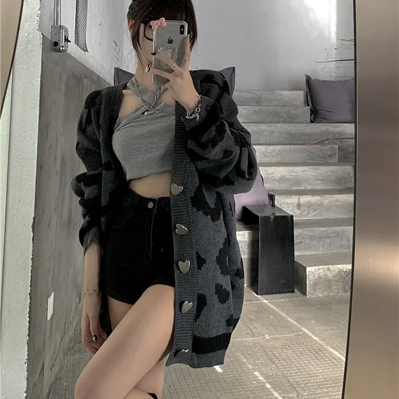 QWEEK Leopard Print Sweater Harajuku Knitted Cardigan Oversized Streetwear Gothic Style Long Sleeve Women's Jumpers 2021 Fashion