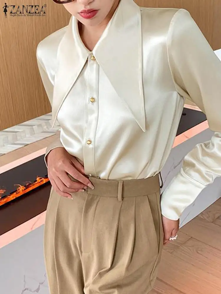 

ZANZEA Elegant OL Shirts Autumn Casual Chemise Long Sleeve Large Lapel Black Tops Women Button Chic Korean Fashion Satin Blouses
