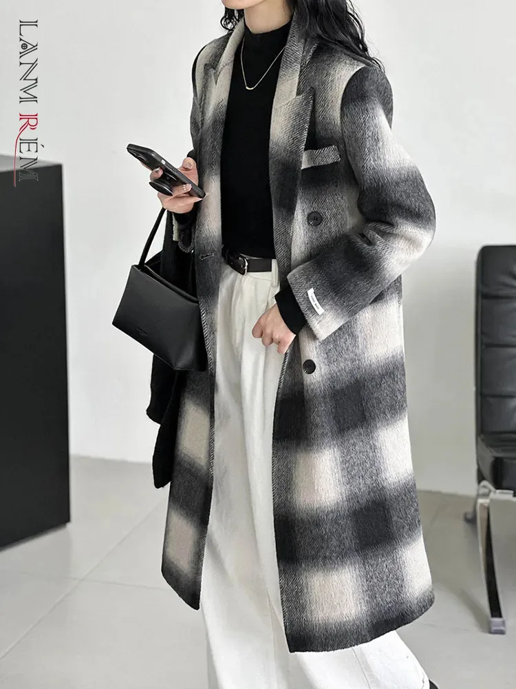 

[LANMREM] High End Plaid Woolen Coats For Women Double Breasted Long Sleeve Thicking Warm Outwear 2023 Winter New 26D6597