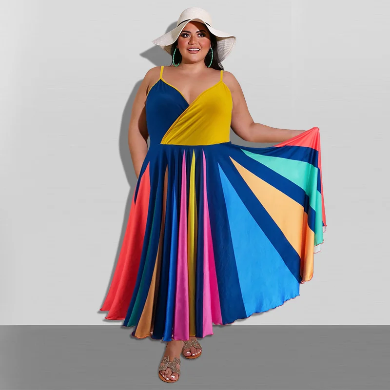 Plus Size Women's 2023 Summer J Fashion New Irregular Colorblocking Elegant Dress Slim Fit Large Swing Dress