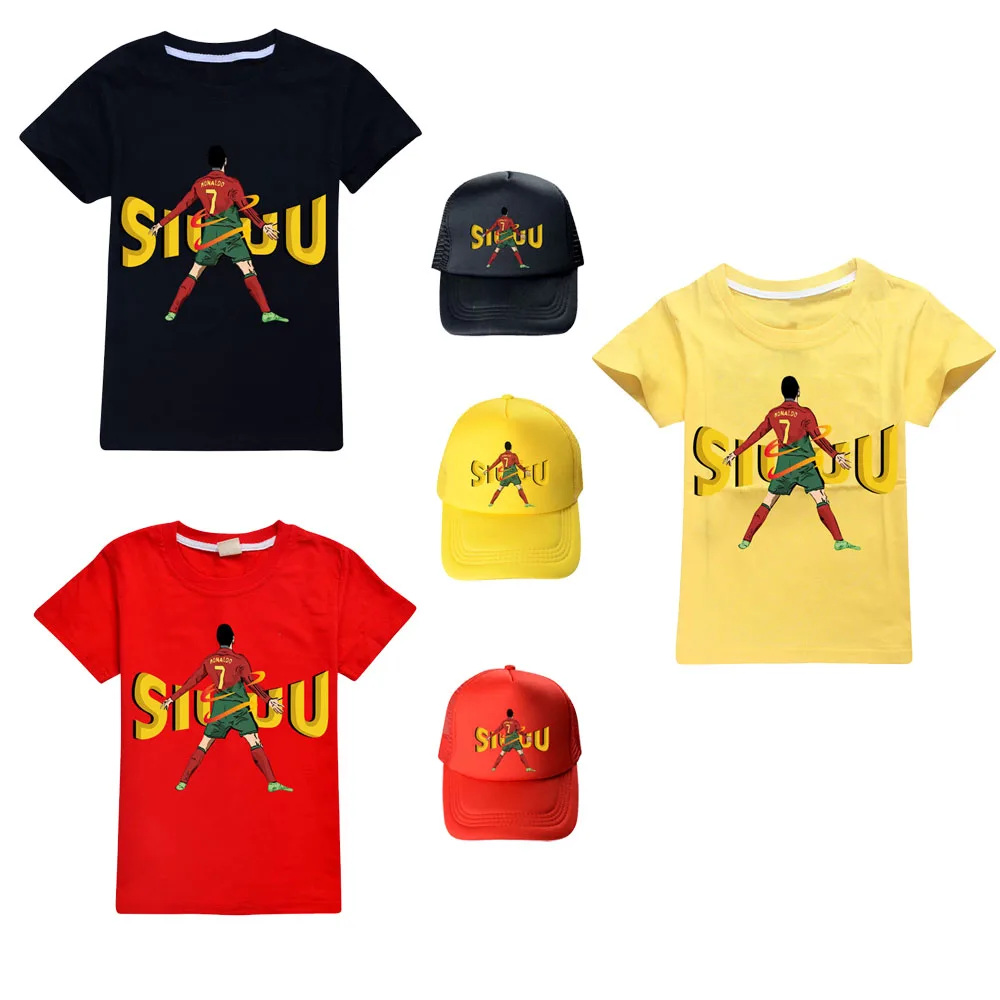 

Siuuu Print Clothing Kids T-shirt + Cap Football Idol Shirt Boys Girls Short Sleeves TShirts 100%Cotton Summer Children Baby Top