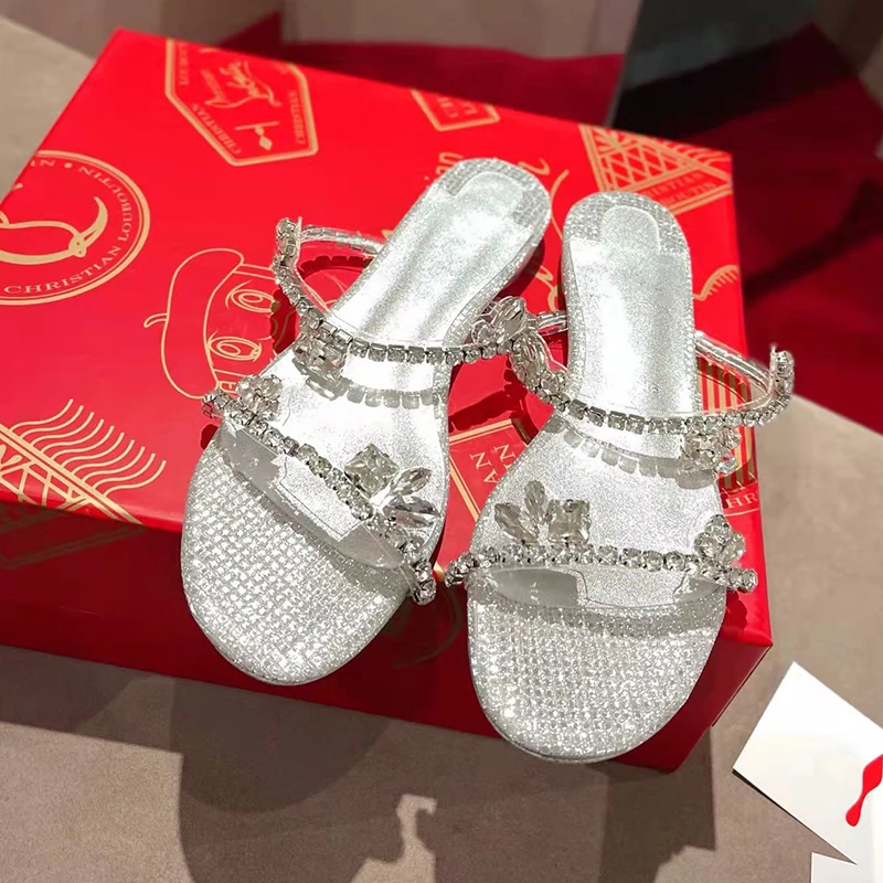 Silver Rhinestone Flat-bottomed Drag Women's Summer Low-heeled Sandals 2023 New Open-toe One-word Sandals