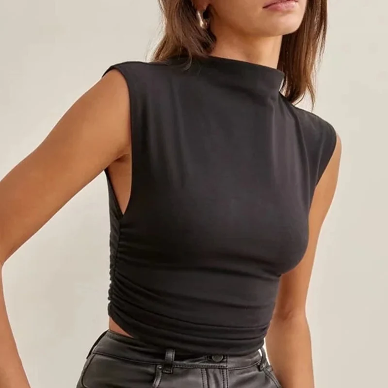 2023 летний черный укороченный топ с высоким воротником розовая фиолетовая