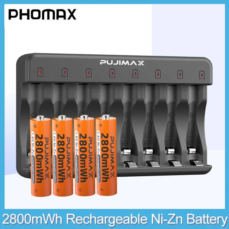 

PHOMAX 8-slot Smart Ni-Zn Battery Charger with Original 4/12Pcs 1.6V Rechargeable Ni-Zn Batteries 2800mWh High Capacity Battery