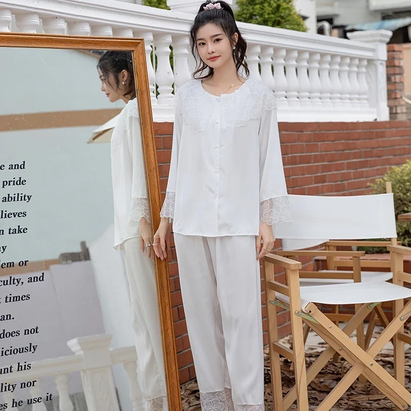 Lisacmvpnel 2022 Ice Silk Pajamas Women's Long Sleeve Lace Cloud Shoulder Pajama Set