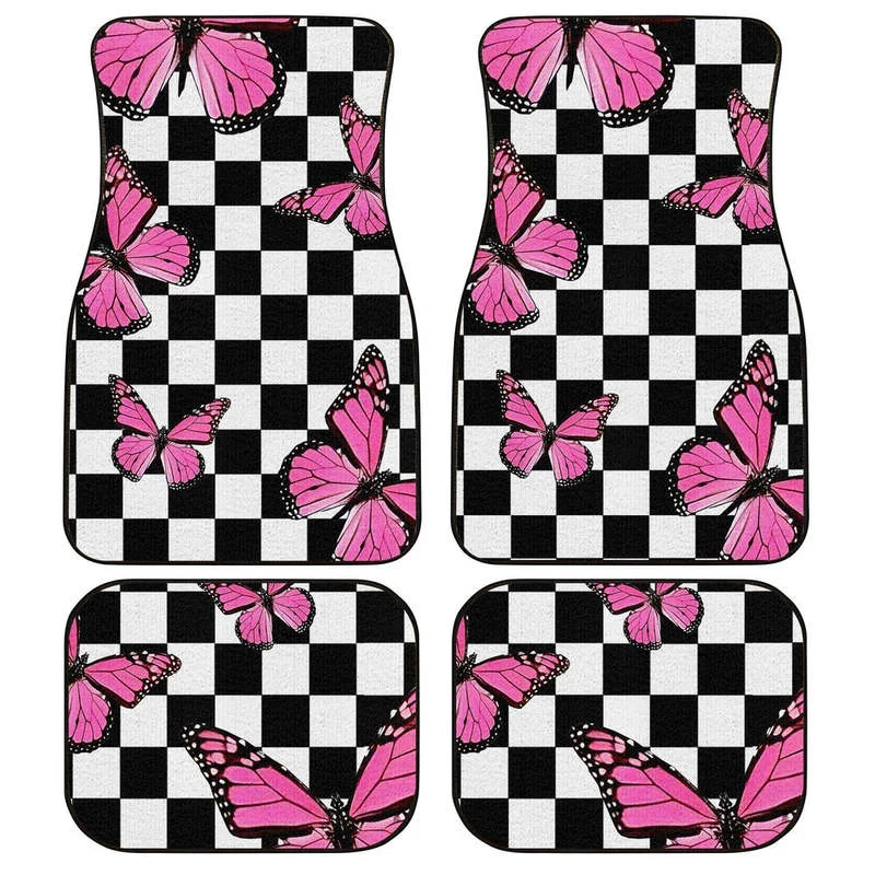 

Pink Butterfly Car Floor Mats Custom Checkerboard Car Accessories 4PCs Pack