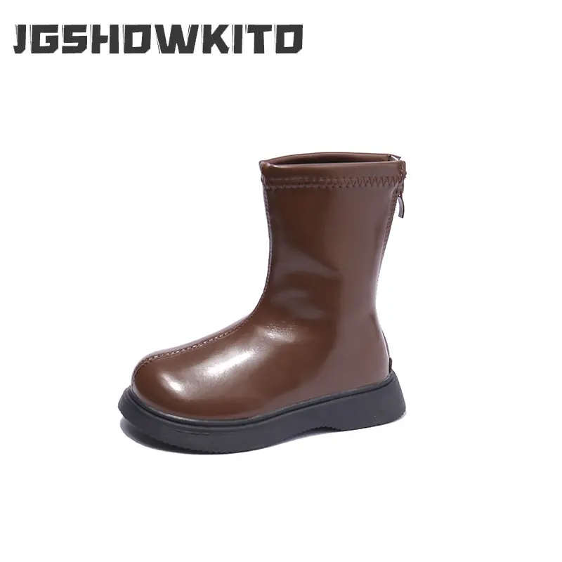 

Children Ankle Boots 2022 Autumn and Winter Girls Britain Style Princess Rear Zipper Leather Short Boots Simple Solid Color New