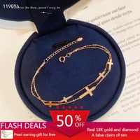 real gold 18k diamond cross bracelet for women wifes gift au750 yellow gold real fine jewelry full diamond double layer cross