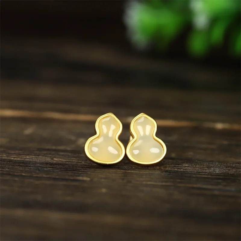 

Hot Selling Natural Hand-carved White Jade Gourd 925 Silver Gufajin Inlaid Earrings Studs Fashion Jewelry Women Luck Gifts1