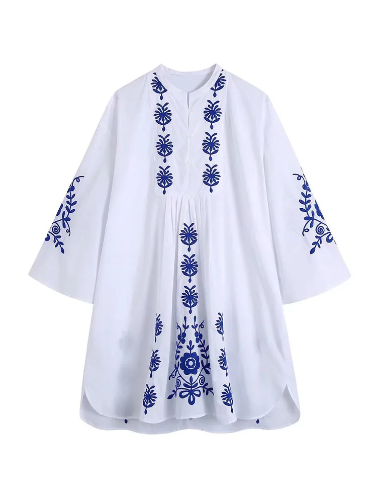 

Женское мини-платье с цветочной вышивкой, винтажное платье с рукавом три четверти и пуговицами, 2022