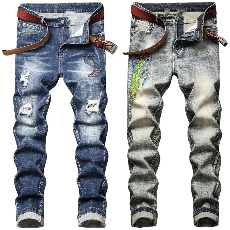 Four Seasons Men's Jeans Embroidered Print Frayed Hole Skinny Jeans Men Slim Trousers Fashion Streetwear Mens Ins Hot Sale JEANS