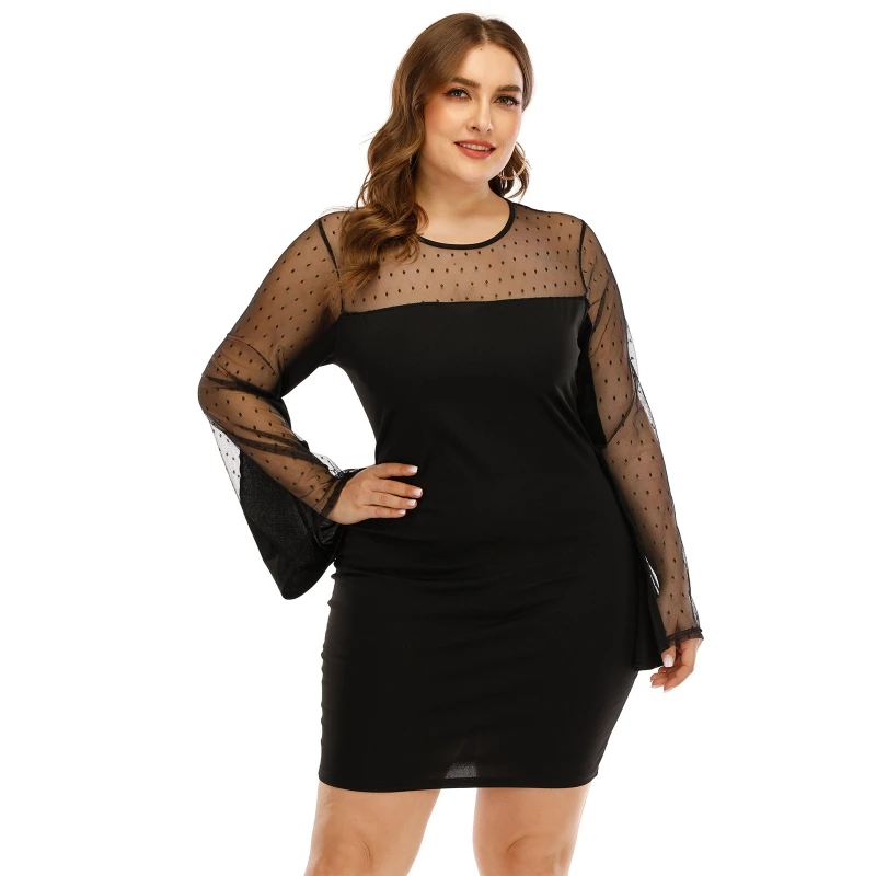 

U90E Women Casual Mini Dress Patchwork Slim Dress Long Flare Sleeve Plus Size Cocktail Party Wedding Dress for Summer Autumn