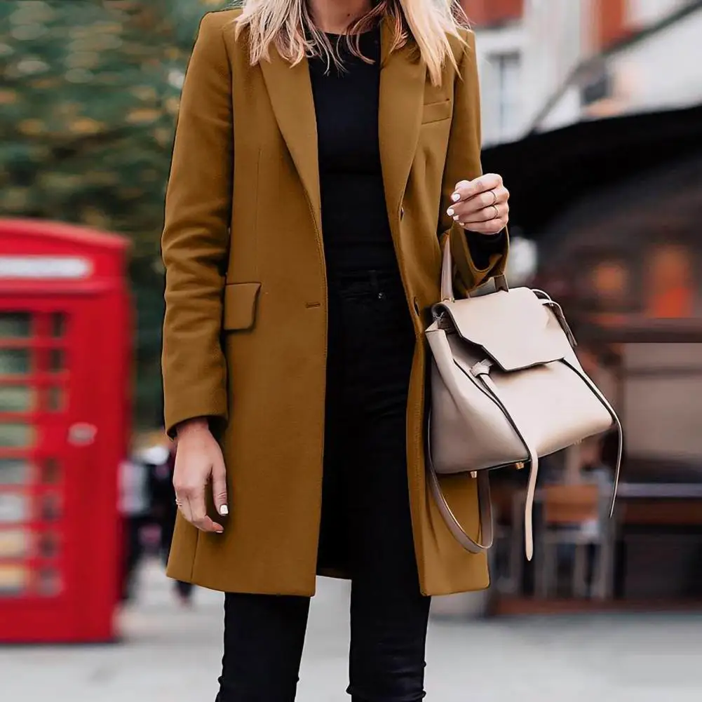 

Versatile Windproof Autumn Winter Button Placket Mid-length Women Suit Jacket Outerwear