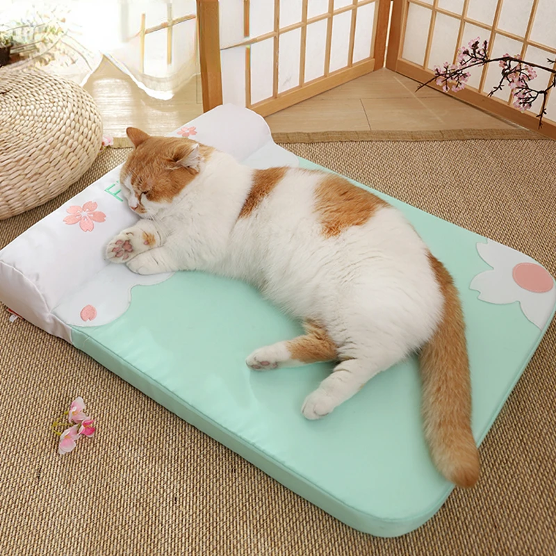

Pet Dog Mat with Pillow Kennel Four Seasons Universal Removable and Washable Small Dog Bed Cherry Blossom Cat Sleeping
