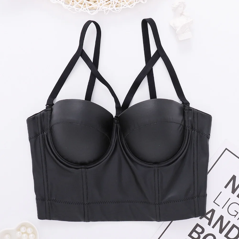 

PU Leather Black Shaping Bra Camisole Party Crop Top Underwear Club Sexy Inner Black Top Corset Breast Shaper Top In Stock