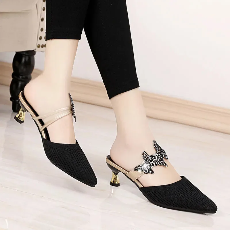 Pointed Red Patent Leather Women Slippers Fashion Butterfly-knot Slip On High Heels Designer Slides Non Slip Hollow Sandals