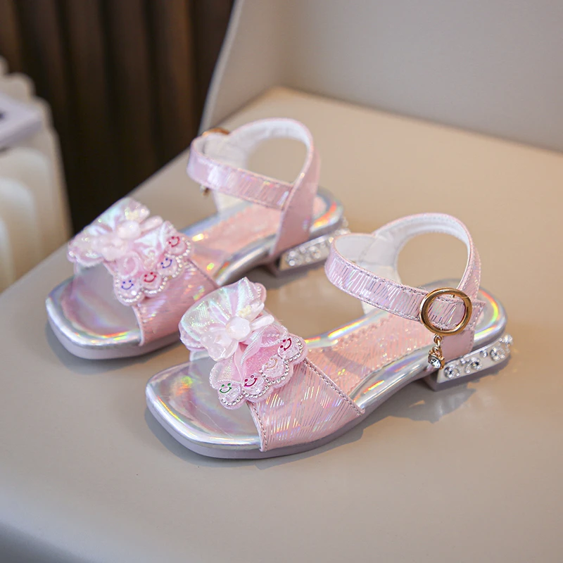 Summer Girls Sandals Fashion Sequins Rhinestone Bow Princess Shoes for Girl Baby Dress Shoes Kids Flat Heels Dance Shoes
