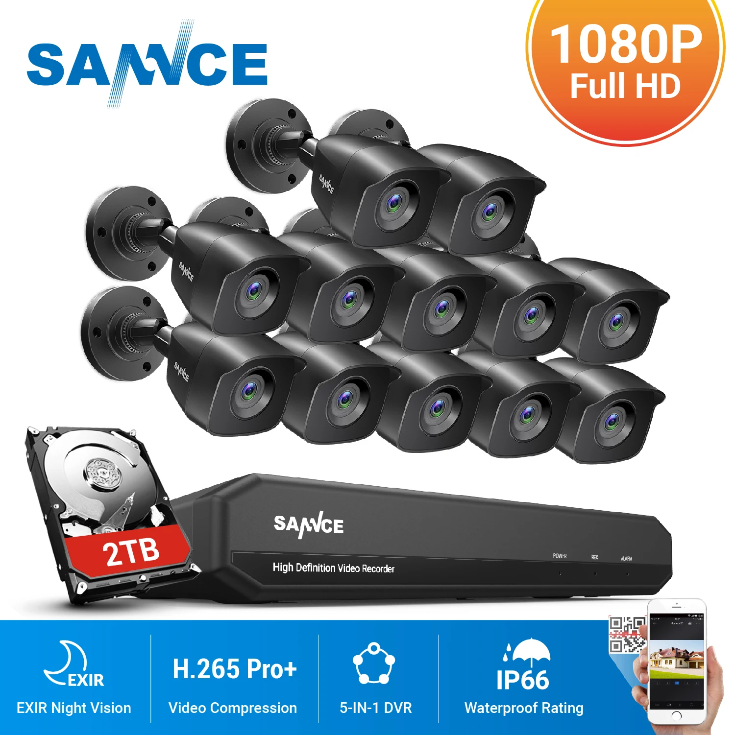 

SANNCE 16CH 1080P Lite Video Security System 1080N 5IN1 DVR With 12PCS 1080P Outdoor Weatherproof Surveillance Cameras CCTV Kit