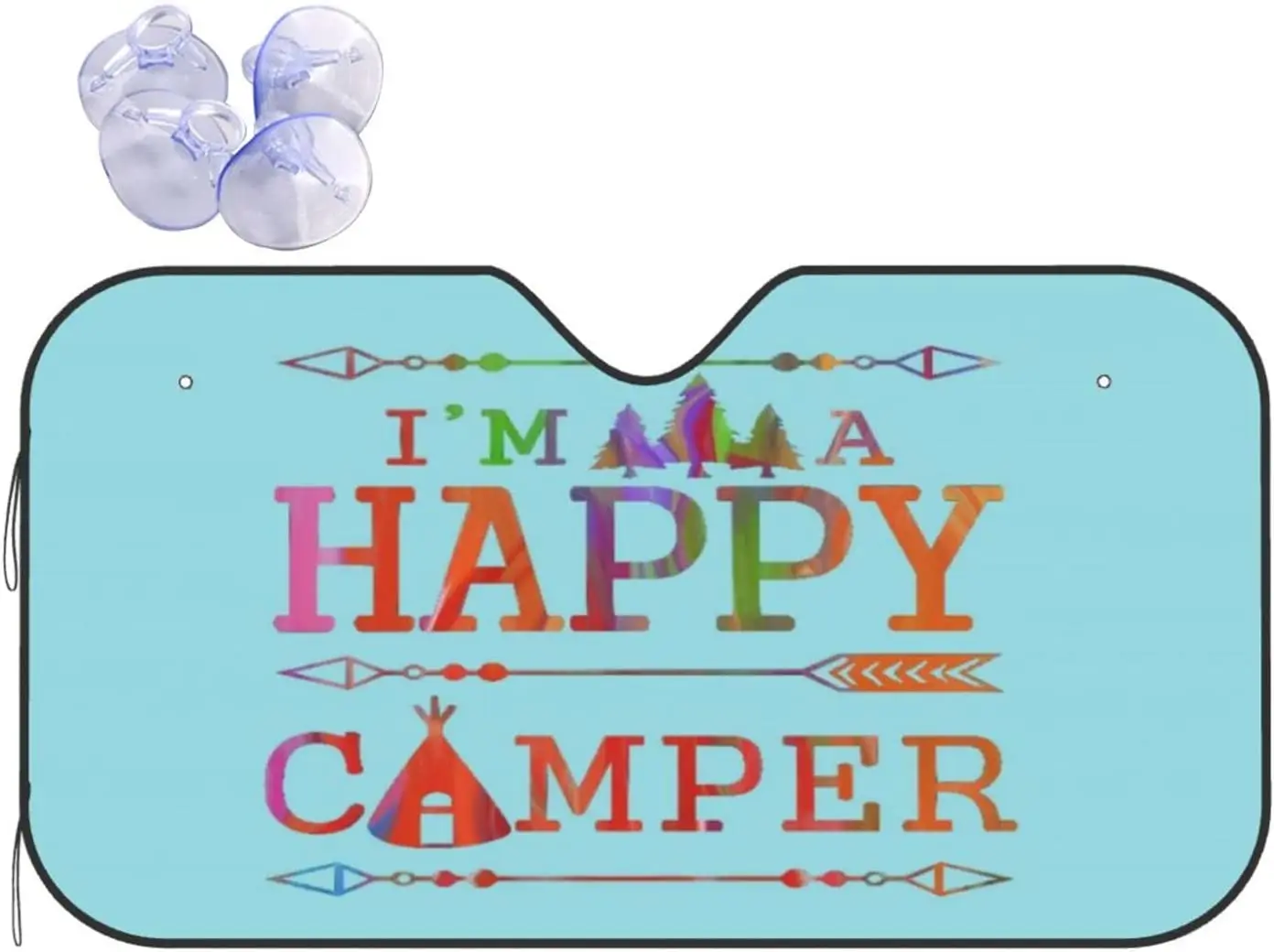 

Car Windshield SunshadeCamping Mountain Happy Camper Sky BlueAuto Front Window Sun Shade Reflective Sun Visor 27.5x51 Inch