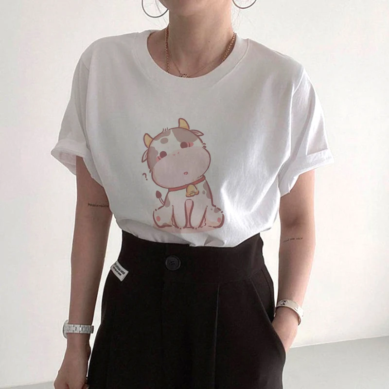 

Small Cow Trend Cartoon Pattern T-Shirt Printed Short Sleeve Summer Women's Fashion Basic T-Shirt Top Sweet and Elegant Clothing