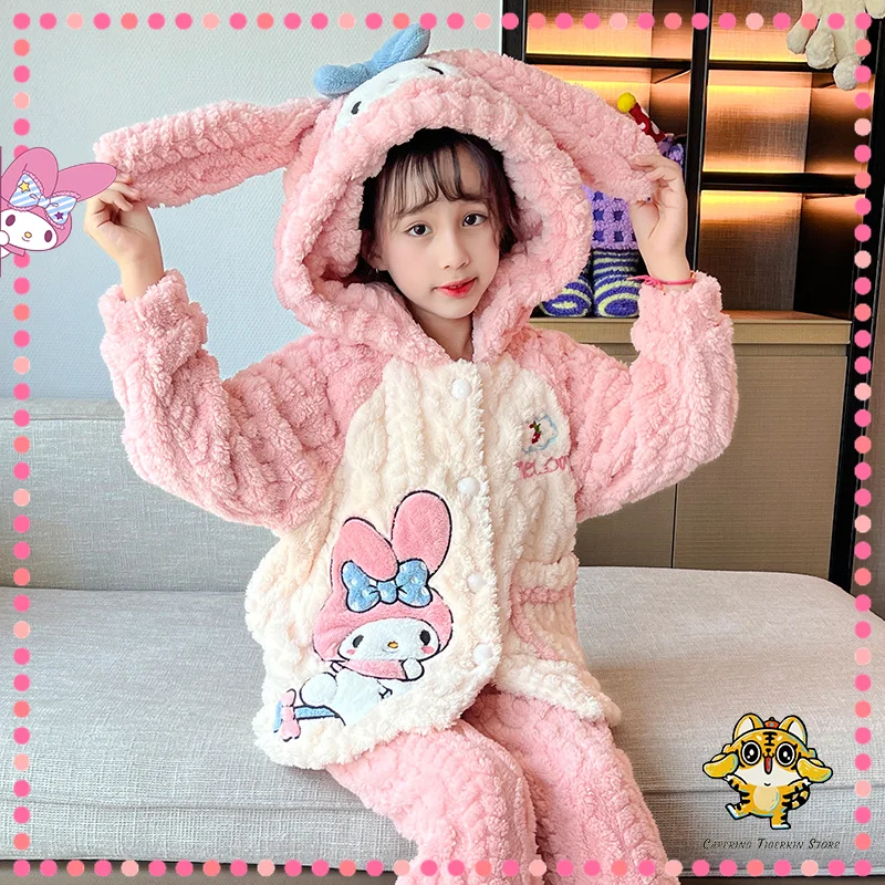 

Пижама Sanrio Melody Cinnamoroll Pachacco Kuromi Kawaii для девочек мультяшная зимняя одежда для сна Детская плюшевая Домашняя одежда ночная рубашка