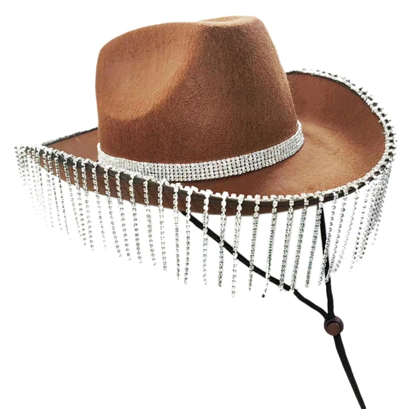 Cowgirl Hat Rhinestones Fringe Glitter Rave Disco Hats for Halloween Dress Up Cosplays Party Costume Accessories