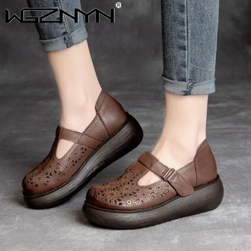 

2022 Spring Summer Handmade Genuine PU Leather Hollow Hole Shoes Breathable Sandals Comfortable Platform Wedges High Heel Shoes