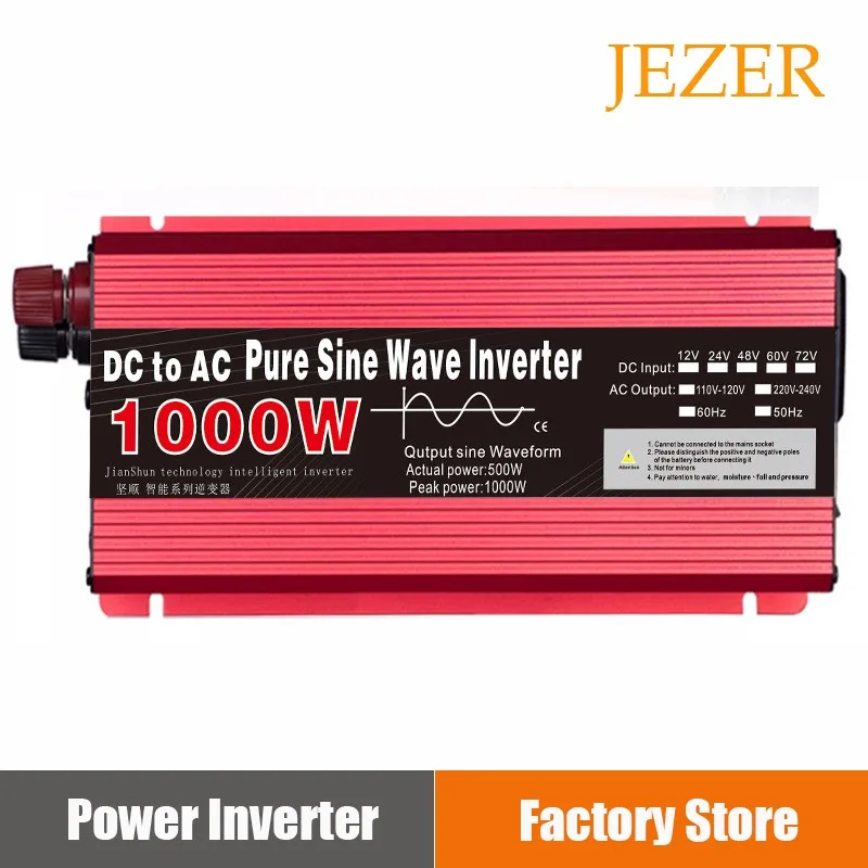 

JEZER Pure Sine Wave Power Inverter 1000W 12V/24V To AC 220V LED Display Is Suitable For Solar Converter Car
