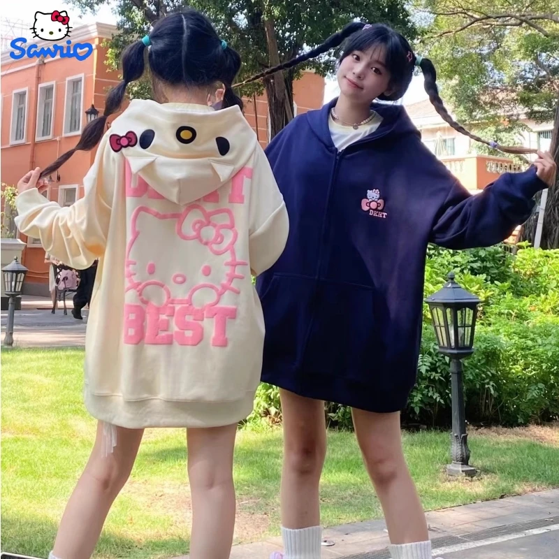 

Sanrio Hello Kitty Cardigan Fall Season Loose Zipper Hoodie New Style Two Kinds Colour Kawaii Clothes Students Girls Kids Gifts