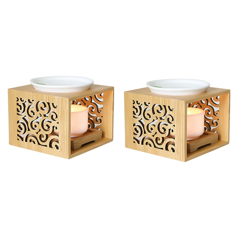 

2X Wooden Bamboo Hollow Fragrance Lamp Oil Furnace Aroma Burner Candle Holder Elegant Attractive Home Office Decoration