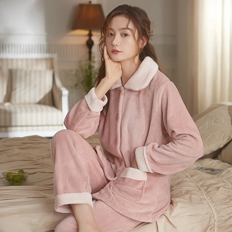 Autumn And Winter Flannel Solid Colour Women's Pajamas Cardigan Long Sleeve Long Trousers Coral Fleece Suit Home Pajama Sets