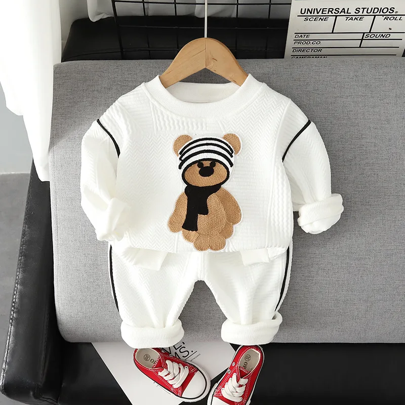 

Spring And Autumn Boys' Casual Suit Cotton Children's Scarf Bear Texture Sweater Solid Sports Pants Women's Two Piece Set