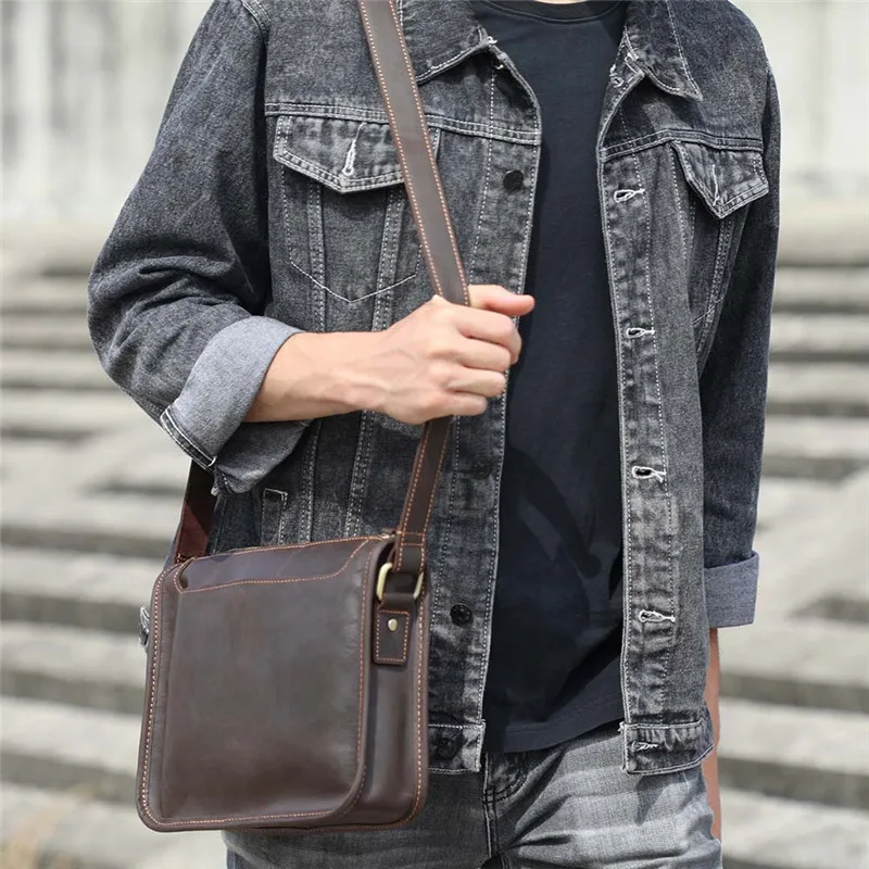 Simple vintage genuine leather men messenger bag outdoor daily work high quality natural crazy horse cowhide shoulder bag Teens