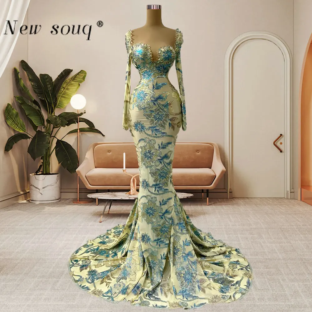 

Blue & Yellow Contrast Color Mermaid Weddng Party Gowns Crystals Sweetheart Neck Long Sleeves Mother of Bride Dresses