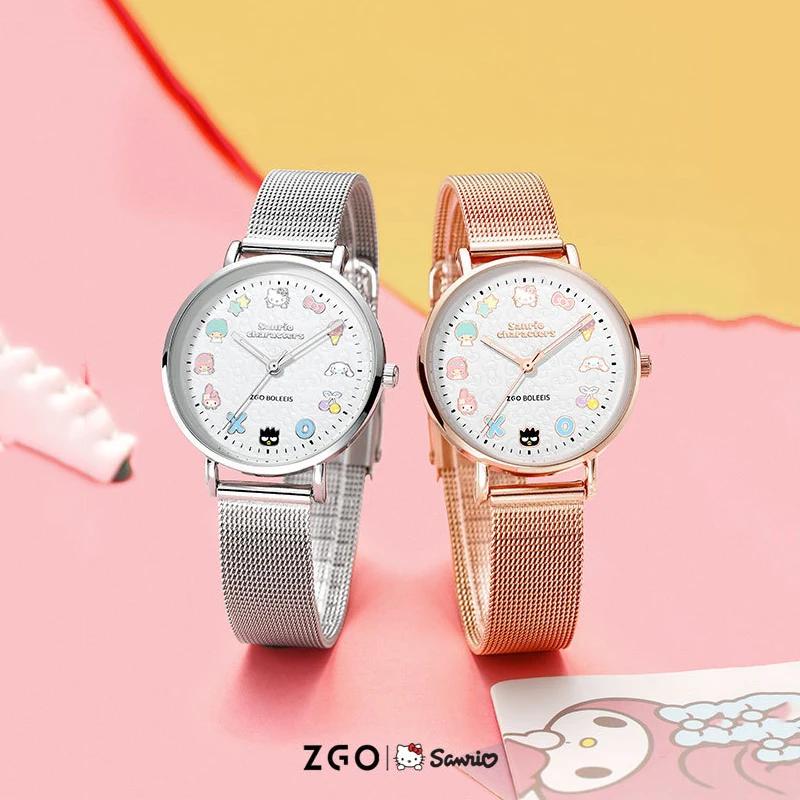 

Sanrio Kawaii Hello Kitty Cartoon Women's Metal Strap Night Pointer Watch Cute Anime Y2K Fashion Simple Quartz Watch