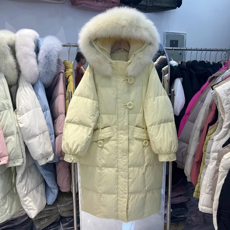 Зимний пуховик средний и длинный воротник из лисьего меха с капюшоном толстым