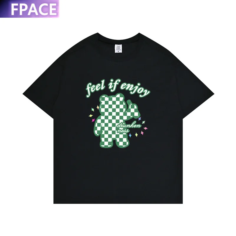 

Design Printing Men's T-shirt Spring and Summer Chessboard Plaid Bear Printing High Street Pure Cotton Couple Short Sleeve