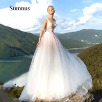 sumnus boho wedding dress deep sleeve lace appliques bridal gown robe de mariee 2022 button illusion tulle wedding gowns