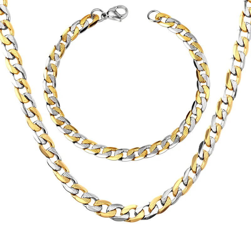 

Fashion European and American Men's Hip-hop Necklace Bracelet Set 6mm Wide Stainless Steel Chain set for Women / Men Jewelry