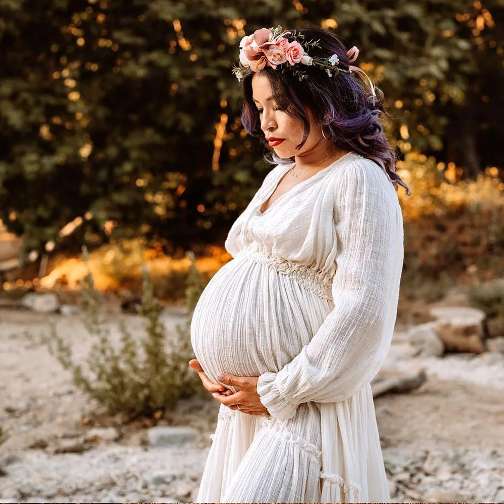 Платье для фотосъемки женщин удобное льняное Хлопковое платье с длинным рукавом