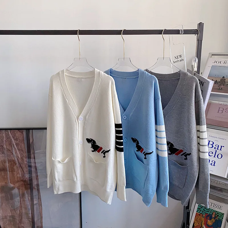 

High Quality Korean Style TB Preppy Style Puppy Knitted Cardigan Women's Spring/Summer New Four Stripes Unisex Casual Loose Coat