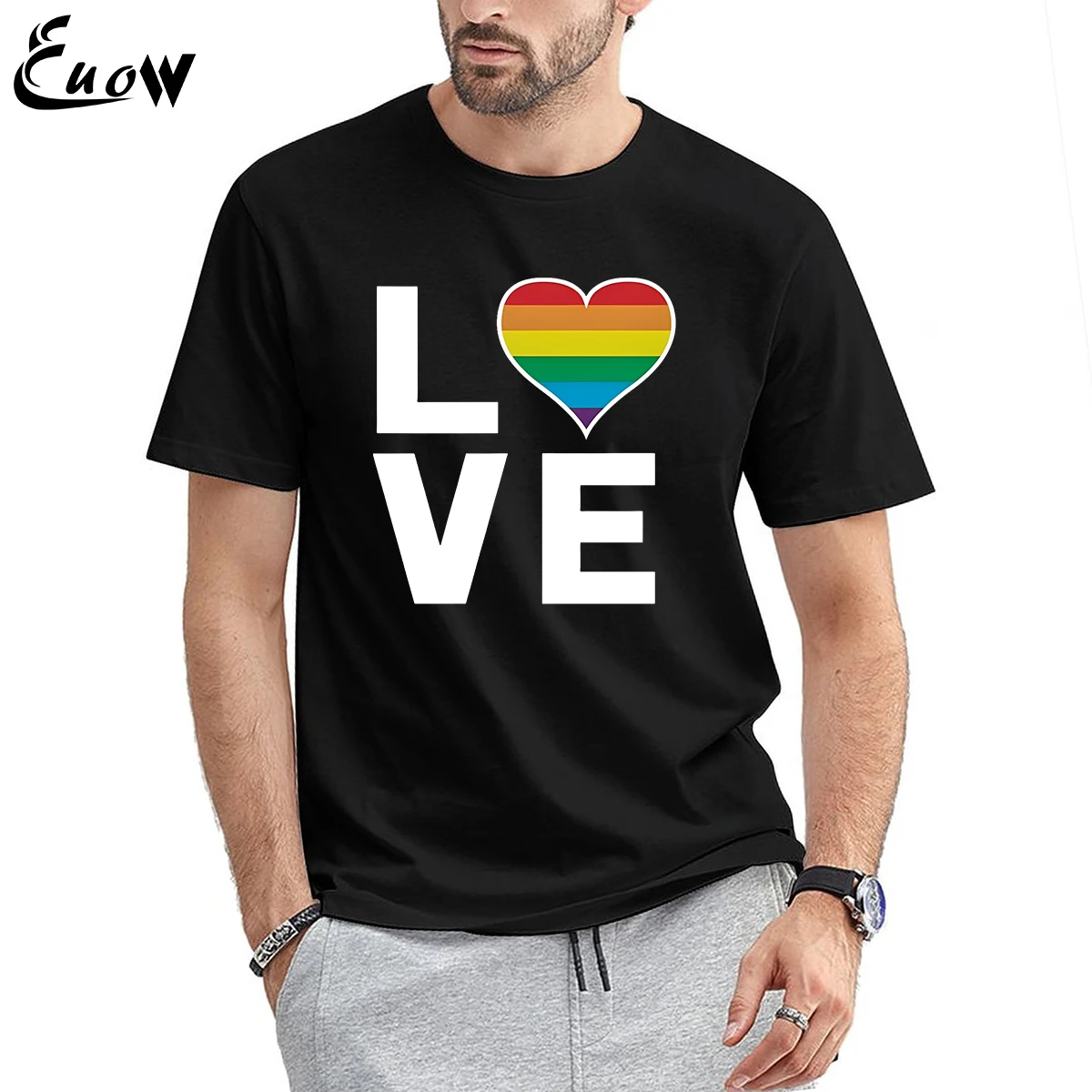 

Euow 100% Cotton Love Rainbow Heart LGBT Gay Pride Awareness Printed T-shirt Men Clothing Luxury Short Sleeve Tee Casual Classic